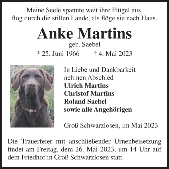 Traueranzeige von Anke Martins von Volksstimme Altmark Ost