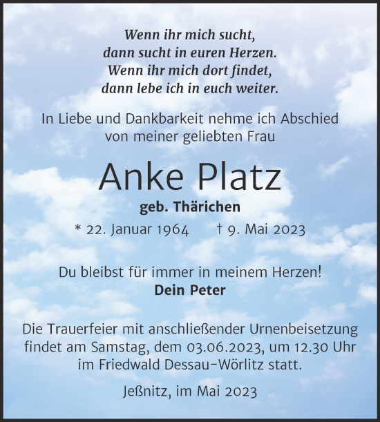Traueranzeige von Anke Platz von Trauerkombi Bitterfeld