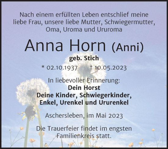 Traueranzeige von Anna Horn von Trauerkombi Aschersleben