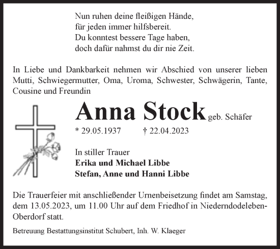 Traueranzeige von Anna Stock von Volksstimme Haldensleben/Wolmirstedt