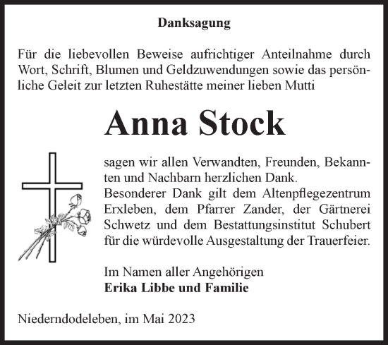 Traueranzeige von Anna Stock von Volksstimme Haldensleben/Wolmirstedt