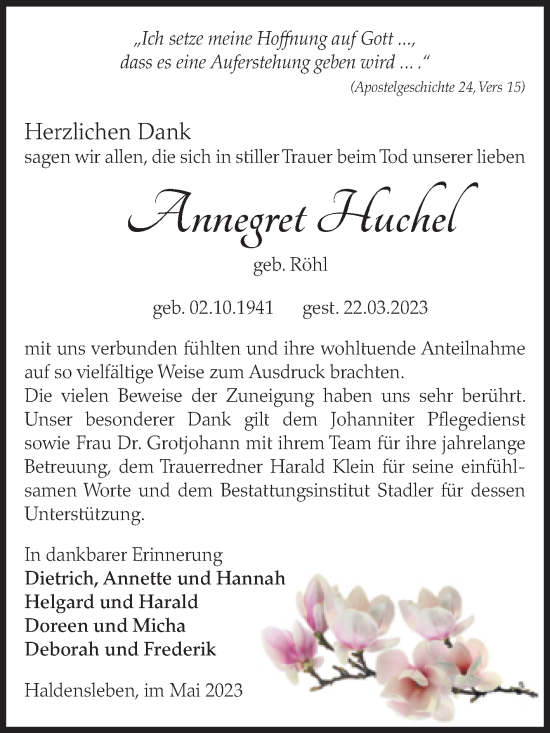 Traueranzeige von Annegret Huchel von Volksstimme Haldensleben/Wolmirstedt