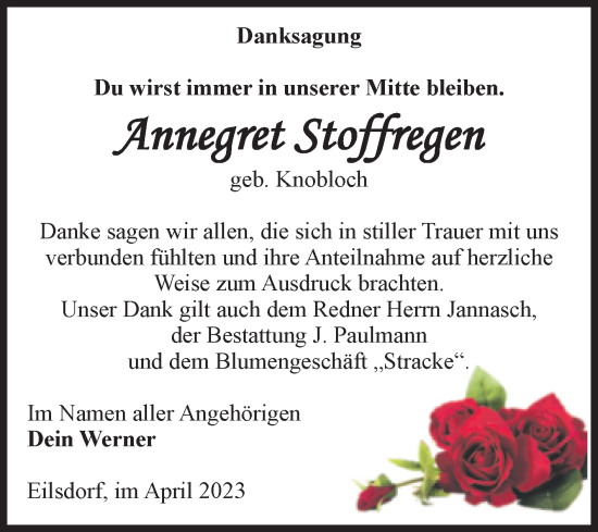 Traueranzeige von Annegret Stoffregen von Volksstimme Halberstadt