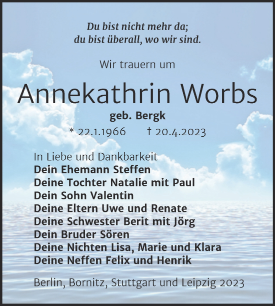 Traueranzeige von Annekathrin Worbs von Trauerkombi Zeitz