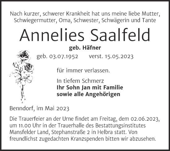 Traueranzeige von Annelies Saalfeld von Trauerkombi Mansfelder Land