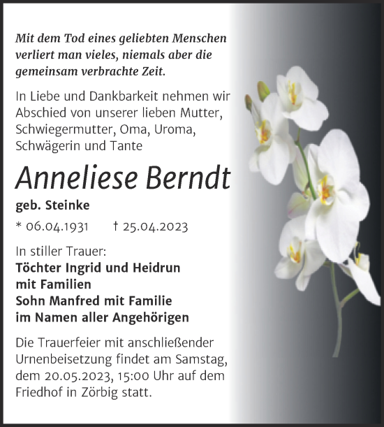 Traueranzeige von Anneliese Berndt von Trauerkombi Bitterfeld