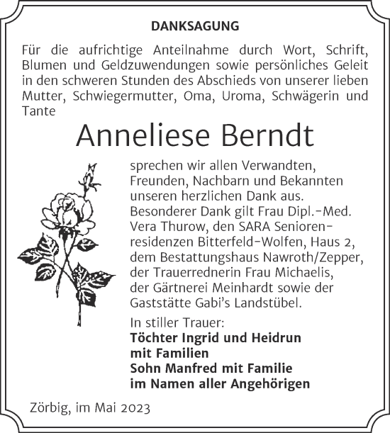 Traueranzeige von Anneliese Berndt von Trauerkombi Bitterfeld