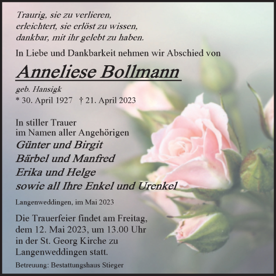 Traueranzeige von Anneliese Bollmann von Volksstimme Oschersleben/Wanzleben