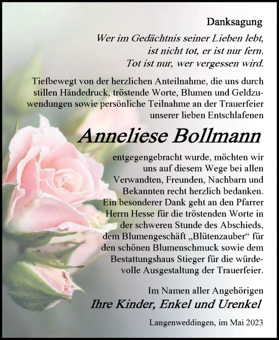 Traueranzeige von Anneliese Bollmann von Volksstimme Oschersleben/Wanzleben