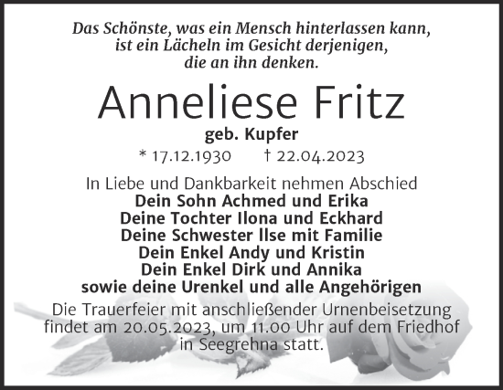 Traueranzeige von Anneliese Fritz von Trauerkombi Wittenberg