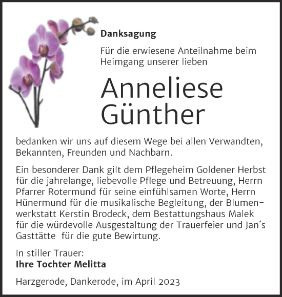 Traueranzeige von Anneliese Günther von Trauerkombi Quedlinburg