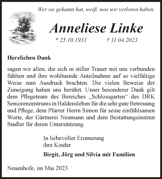 Traueranzeige von Anneliese Linke von Volksstimme Haldensleben/Wolmirstedt