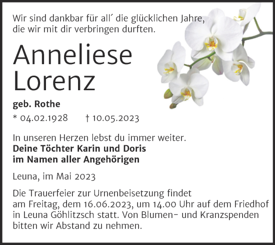 Traueranzeige von Anneliese Lorenz von Trauerkombi Merseburg