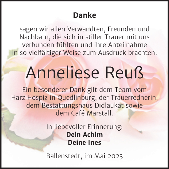 Traueranzeige von Anneliese Reuß von Trauerkombi Quedlinburg