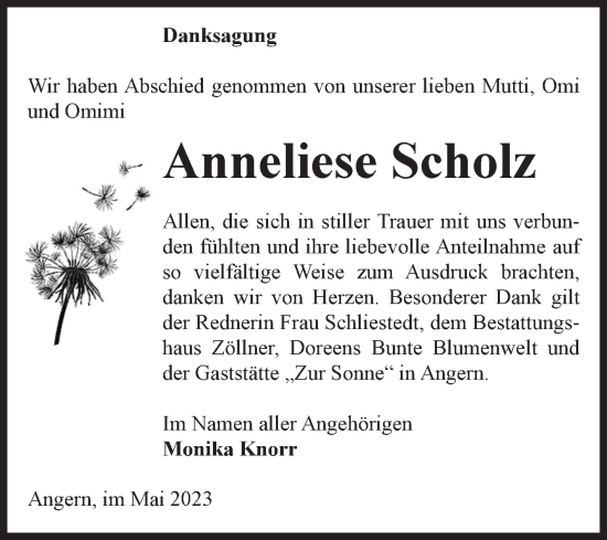 Traueranzeige von Anneliese Scholz von Volksstimme Haldensleben/Wolmirstedt