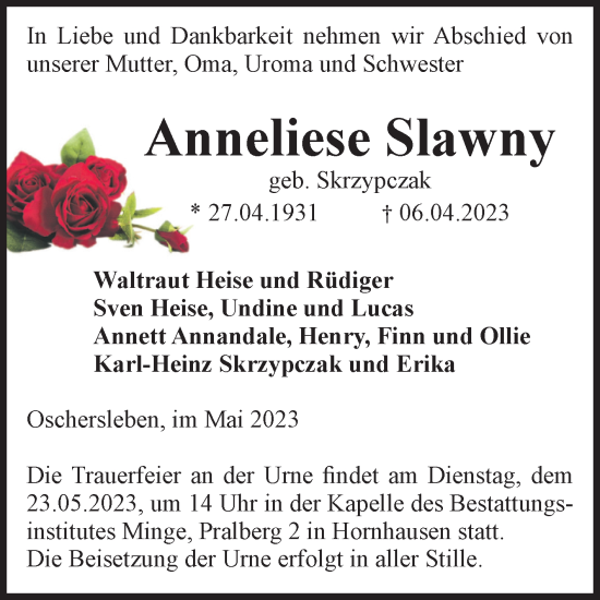 Traueranzeige von Anneliese Slawny von Volksstimme Oschersleben/Wanzleben