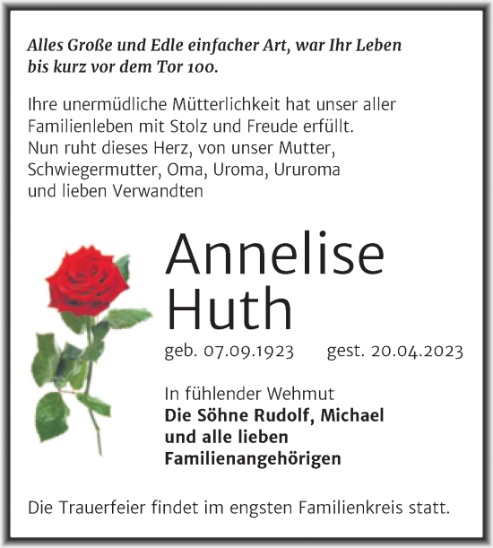 Traueranzeige von Annelise Huth von Trauerkombi Dessau