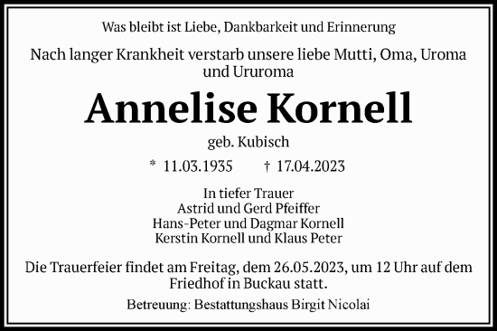 Traueranzeige von Annelise Kornell von Volksstimme Magdeburg
