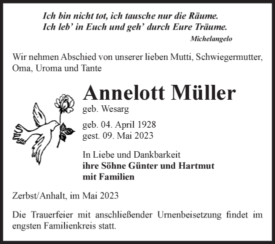 Traueranzeige von Annelott Müller von Volksstimme Zerbst