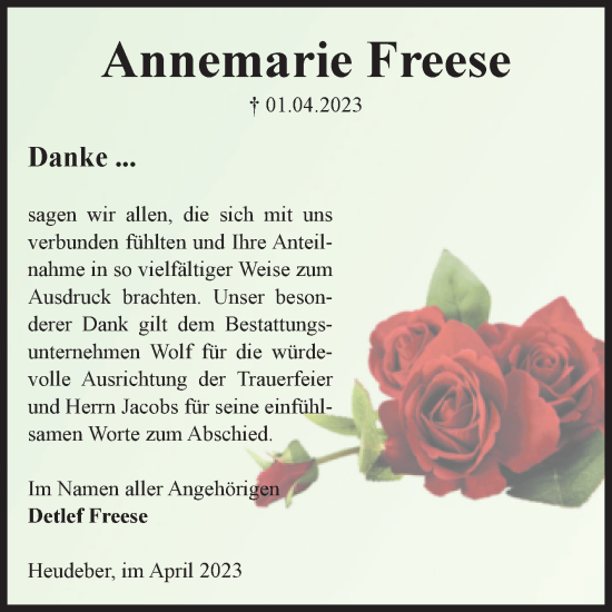 Traueranzeige von Annemarie Freese von Volksstimme Wernigerode