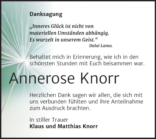 Traueranzeige von Annerose Knorr von Trauerkombi Sangerhausen