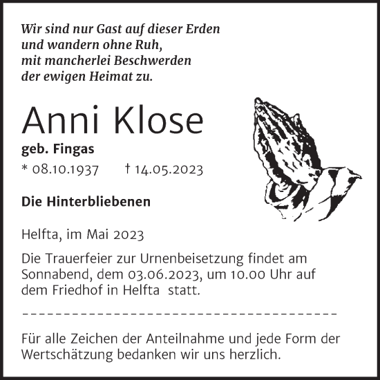 Traueranzeige von Anni Klose von Trauerkombi Mansfelder Land