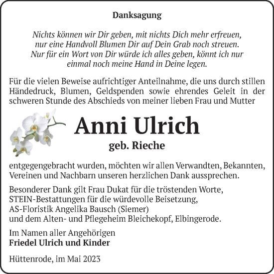 Traueranzeige von Anni Ulrich von Volksstimme Wernigerode