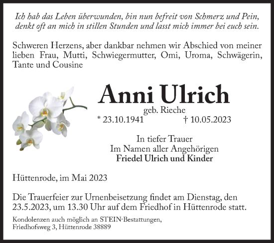 Traueranzeige von Anni Ulrich von Volksstimme Wernigerode