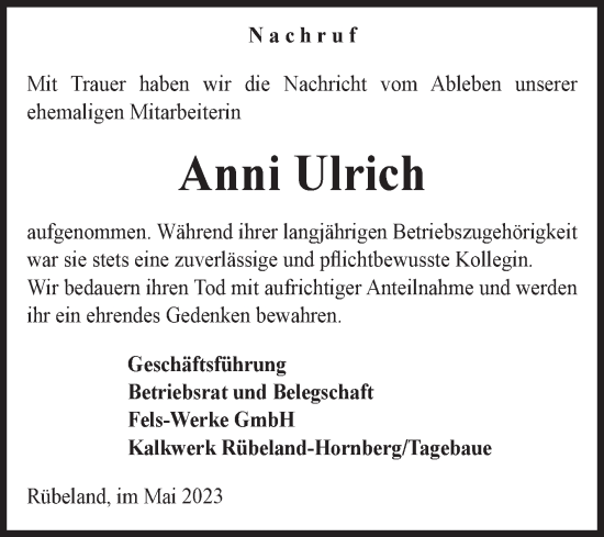 Traueranzeige von Anni Ulrich von Volksstimme Wernigerode