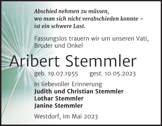 Traueranzeige von Aribert Stemmler von Trauerkombi Aschersleben