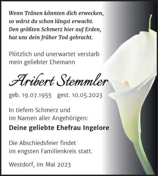 Traueranzeige von Aribert Stemmler von Trauerkombi Aschersleben