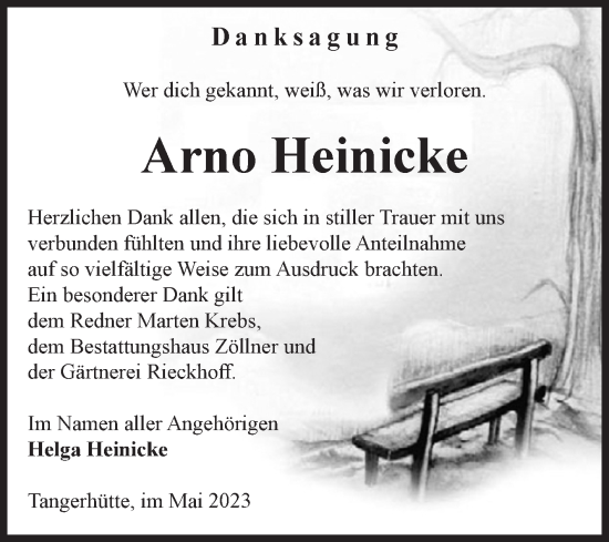Traueranzeige von Arno Heinicke von Volksstimme Altmark Ost