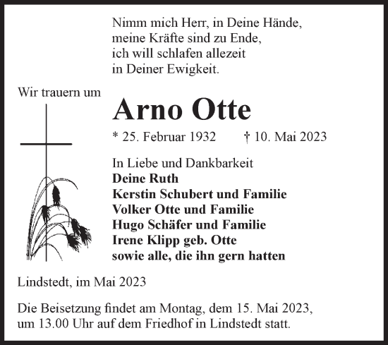 Traueranzeige von Arno Otte von Volksstimme Altmark West