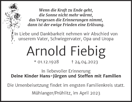 Traueranzeige von Arnold Fiebig von Trauerkombi Wittenberg