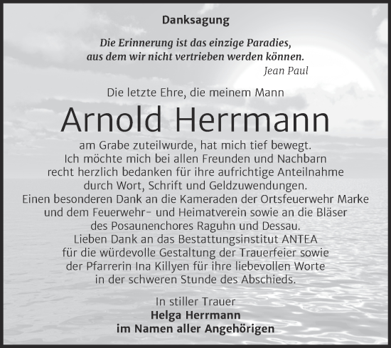 Traueranzeige von Arnold Herrmann von Mitteldeutsche Zeitung Bitterfeld