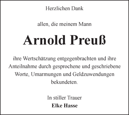 Traueranzeige von Arnold Preuß von Volksstimme Altmark Ost