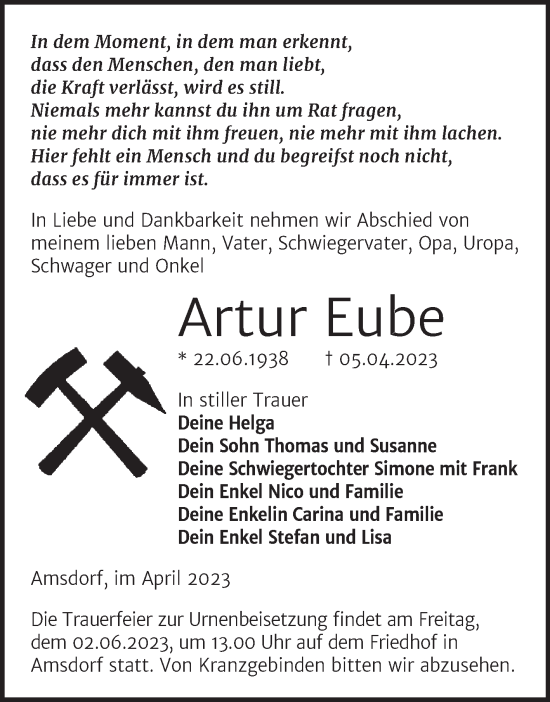 Traueranzeige von Artur Eube von Trauerkombi Mansfelder Land