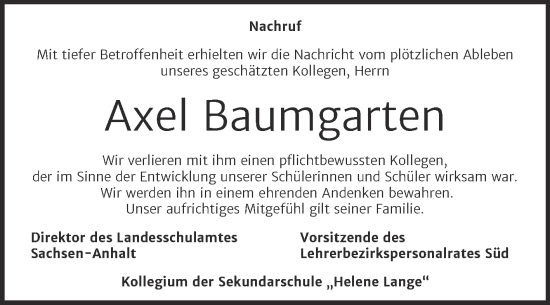 Traueranzeige von Axel Baumgarten von Mitteldeutsche Zeitung Bitterfeld