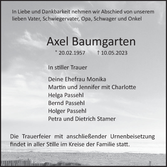Traueranzeige von Axel Baumgarten von Mitteldeutsche Zeitung Bitterfeld