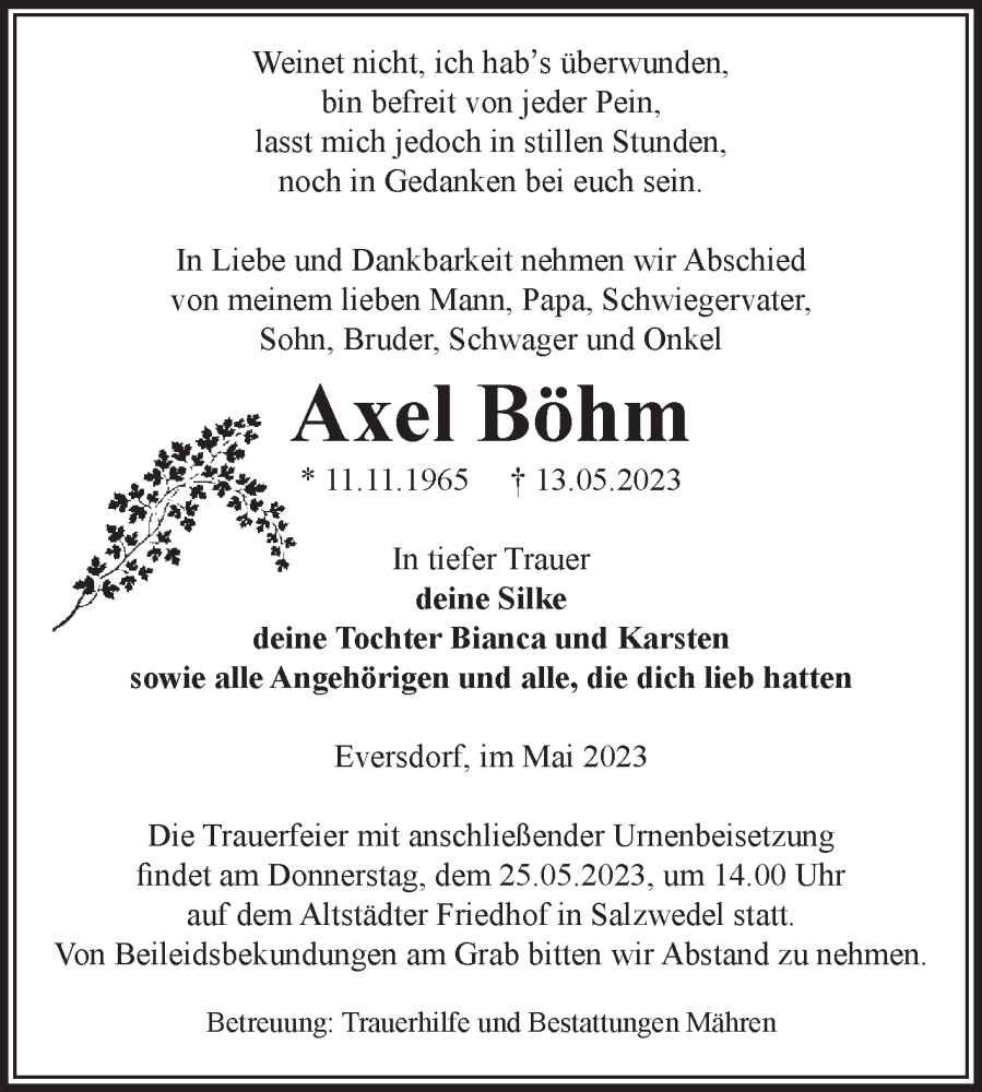  Traueranzeige für Axel Böhm vom 17.05.2023 aus Volksstimme Altmark West