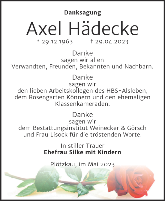 Traueranzeige von Axel Hädecke von Trauerkombi Bernburg