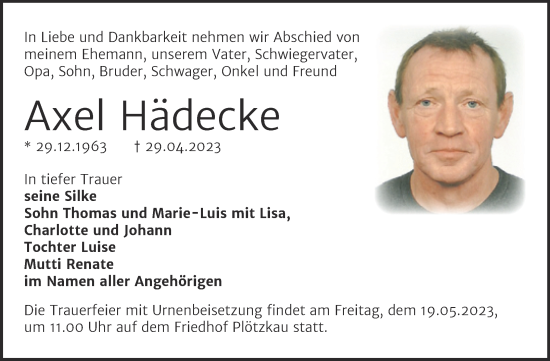 Traueranzeige von Axel Hädecke von Trauerkombi Bernburg