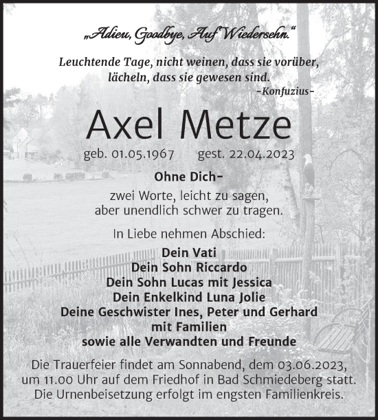 Traueranzeige von Axel Metze von Trauerkombi Wittenberg