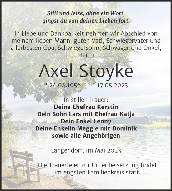 Traueranzeige von Axel Stoyke von Trauerkombi Weißenfels