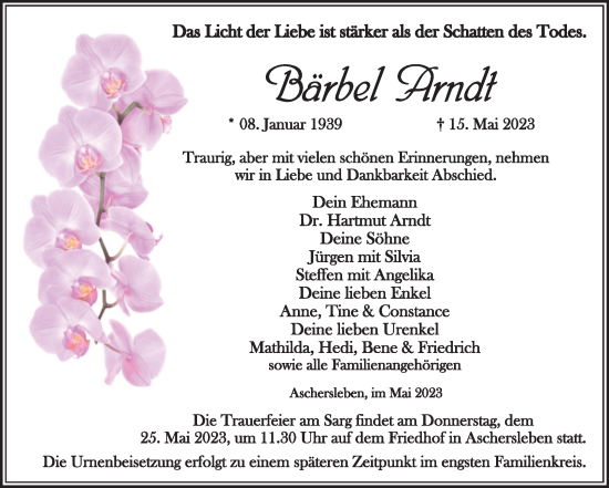 Traueranzeige von Bärbel Arndt von Trauerkombi Aschersleben