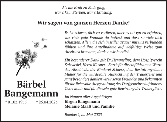 Traueranzeige von Bärbel Bangemann von Volksstimme Altmark West