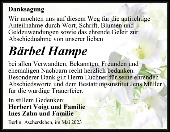 Traueranzeige von Bärbel Hampe von Trauerkombi Aschersleben