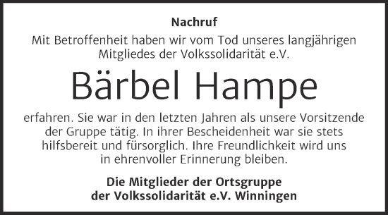 Traueranzeige von Bärbel Hampe von Trauerkombi Aschersleben