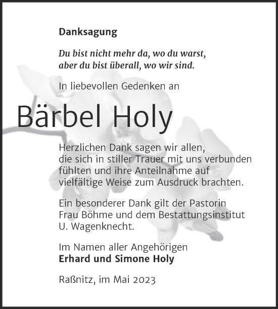 Traueranzeige von Bärbel Holy von Trauerkombi Merseburg