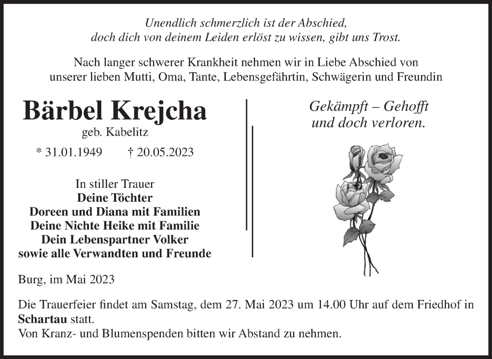  Traueranzeige für Bärbel Krejcha vom 24.05.2023 aus Volksstimme Burg/Genthin